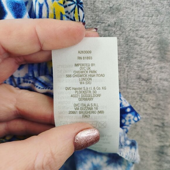 Susan Graver Womens‎ XL Asymmetrical Tunic Top Blue Yellow Patchwork Geometric - Picture 7 of 8